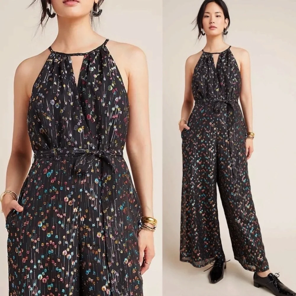 Eva Franco Anthropologie Edita halter black jumpsuit multi-color metallic dot- 2